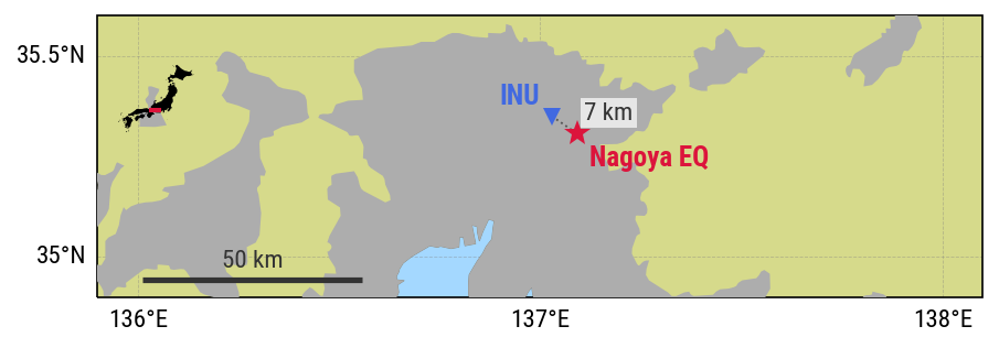 Map: INU station and Nagoya earthquake